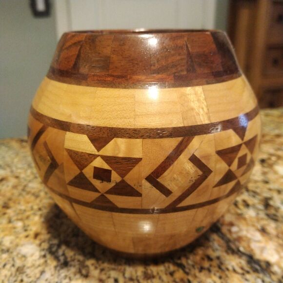 Wooden Turquoise Segmented Hand Crafted & Turned Round Bowl Artist Signed 3.5" - Picture 2 of 9